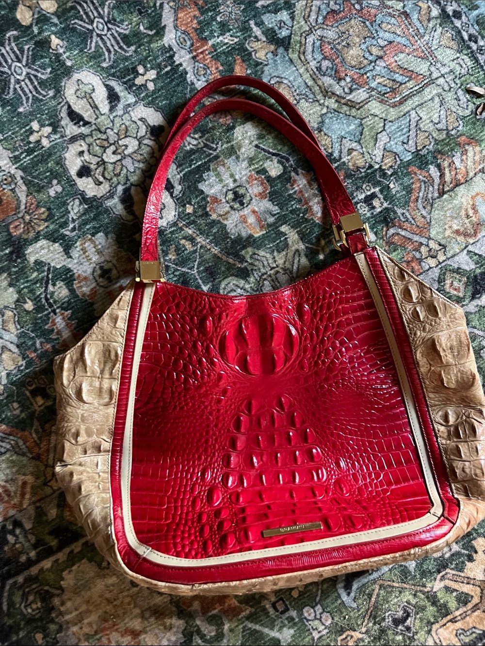 Brahmin Red Croc-Embossed Shoulder Tote with Beige Sides